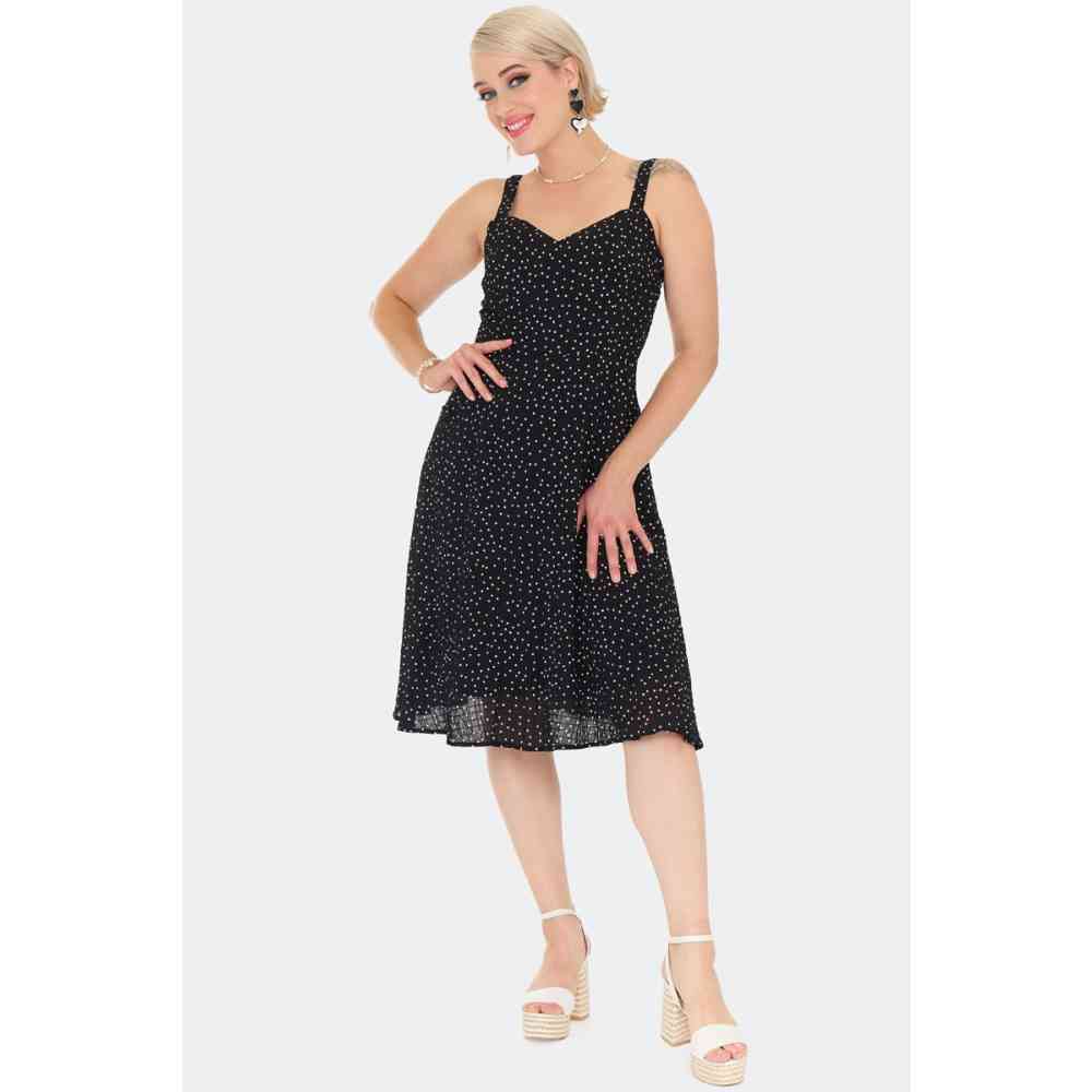 Voodoo Vixen - 50s Black Polka Dot Flare Kleid - Schwarz